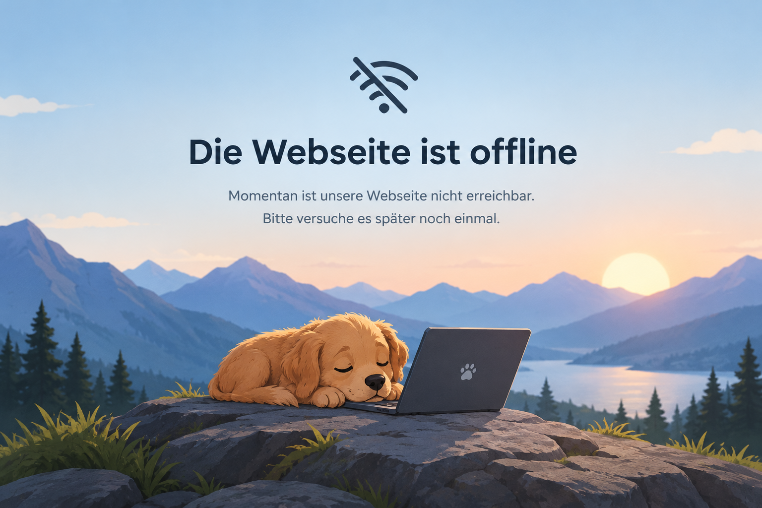 Die Webseite ist offline. Momentan ist unsere Webseite nicht erreichbar. Bitte versuche es später noch einmal. Illustration mit einem schlafenden Hund neben einem Laptop in einer Berglandschaft.